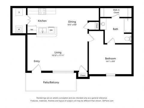 Floor plan for 1 bed, 1 bath, 673 sqft